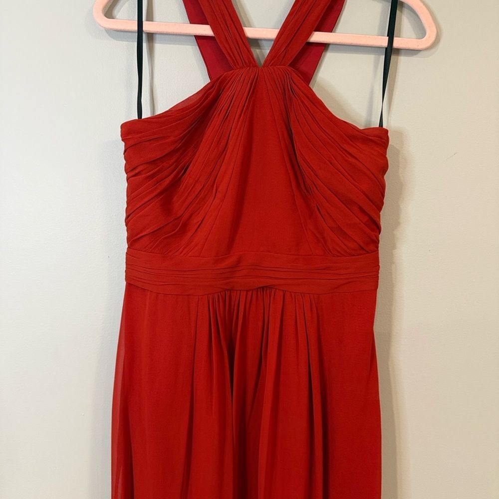 Bebe bright red flowy maxi dress with unique halter top and gathered waist - Picture 2 of 11
